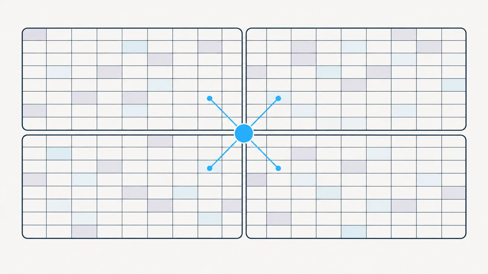 Recreated tool-boundary map showing a dense spreadsheet grid with four outlined regions, one for each tool, surrounding a shared calculation core.