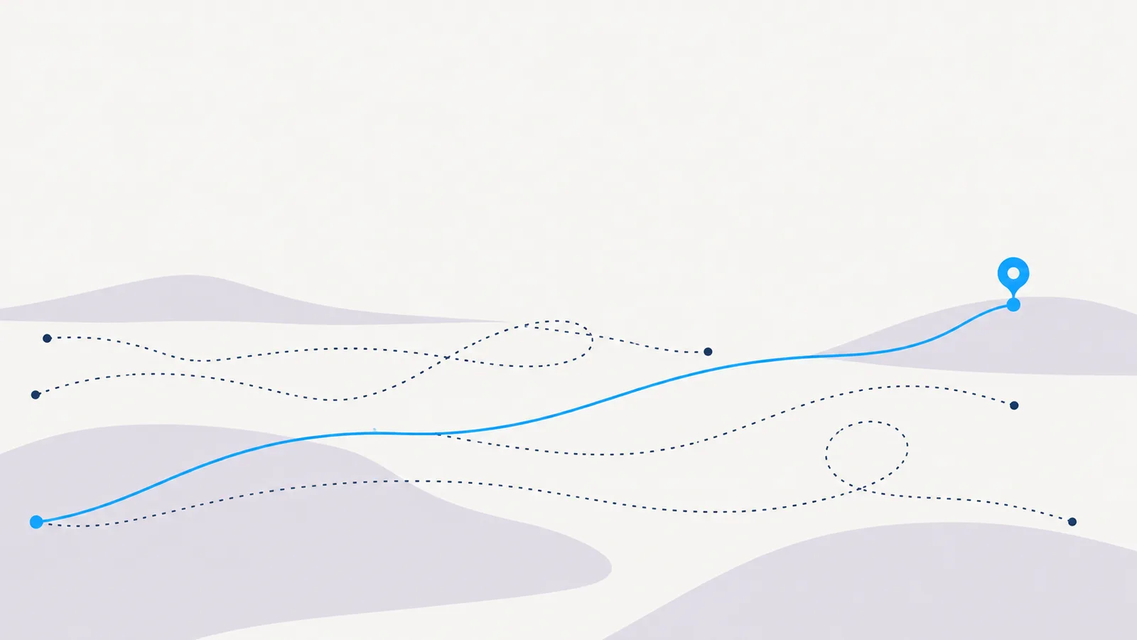 Several dotted paths across open ground; the one solid path leads to a marker.