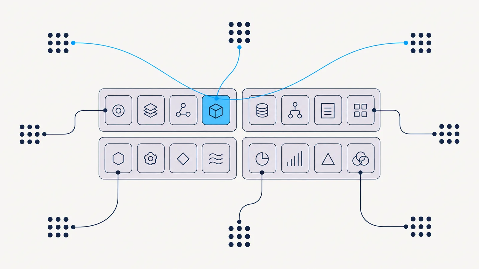A grid of small tiles in lavender grey, with blue lines connecting a few of them to clusters of dots around the edge.