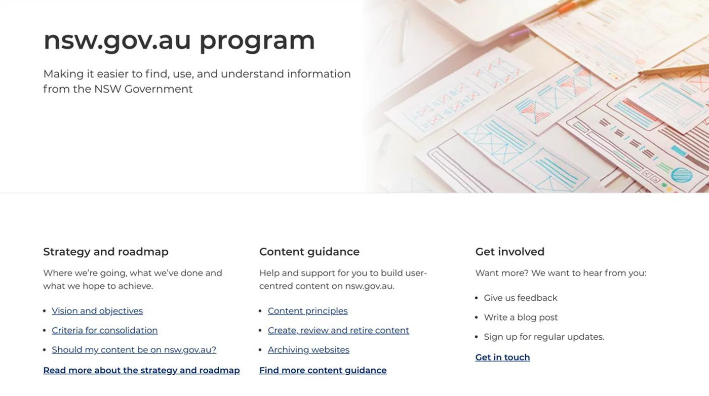 Crop of the published nsw.gov.au program page: the title ‘Making it easier to find, use, and understand information from the NSW Government’ and three columns, Strategy and roadmap (vision and objectives, criteria for consolidation, ‘Should my content be on nsw.gov.au?’), Content guidance and Get involved.