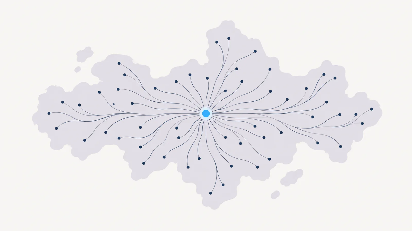 Abstract map: many small points across a region converging on one central hub.