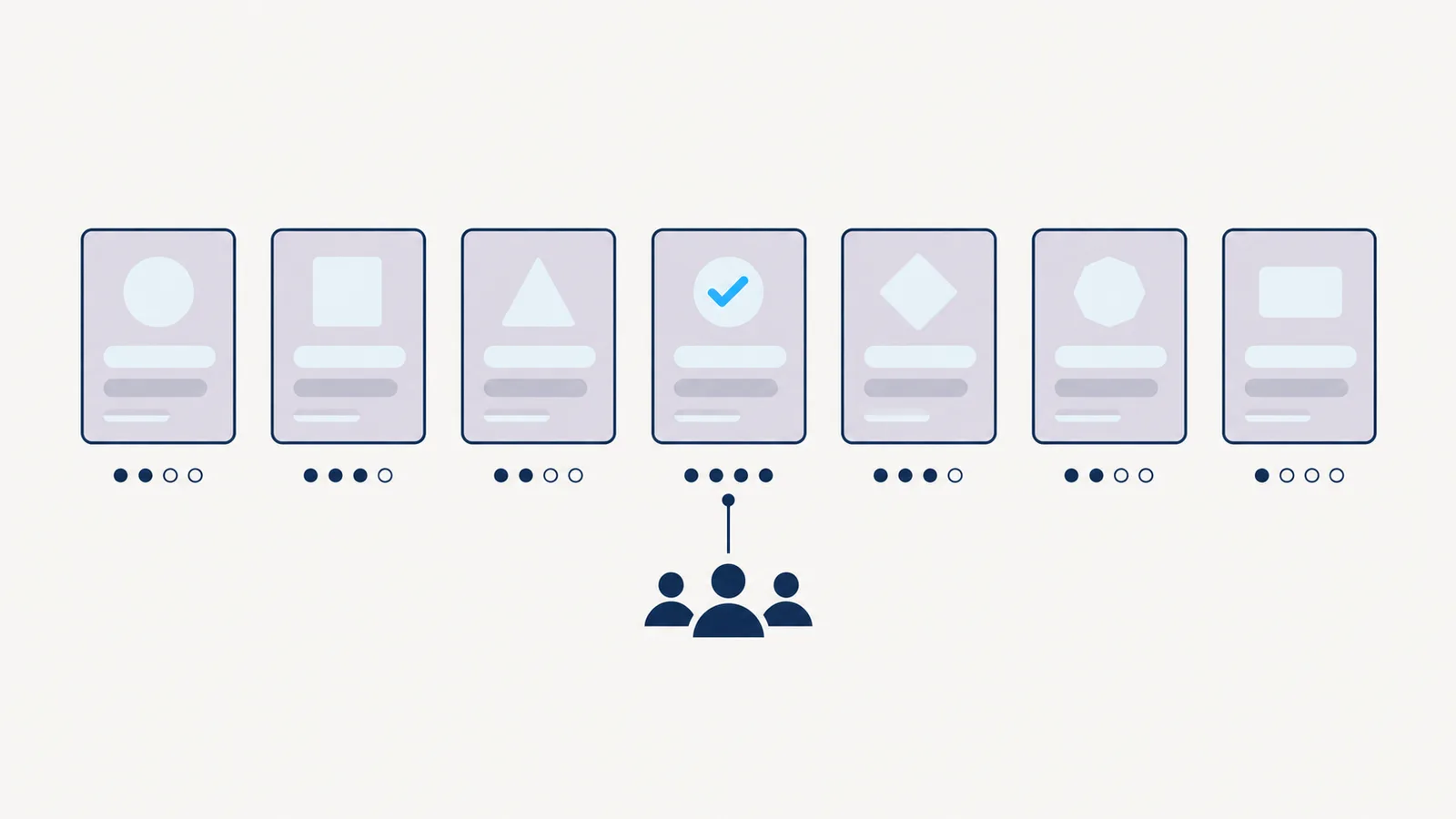 A row of simple card shapes, each with a small blue check mark, repeated across a lavender grey field.