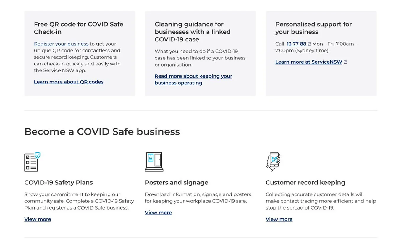 Crop of the published Businesses and employers page: three cards for the free QR code for COVID Safe check-in, cleaning guidance for a linked case and personalised support, above a ‘Become a COVID Safe business’ strip with Safety Plans, posters and signage, and customer record keeping.
